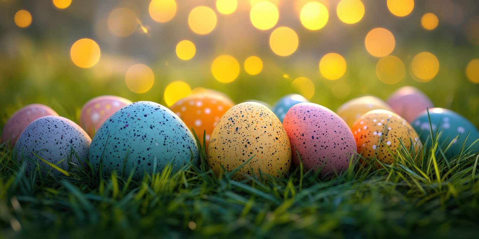 Colorful Easter eggs resting on grass with warm bokeh lights glowing in the background during springtime
